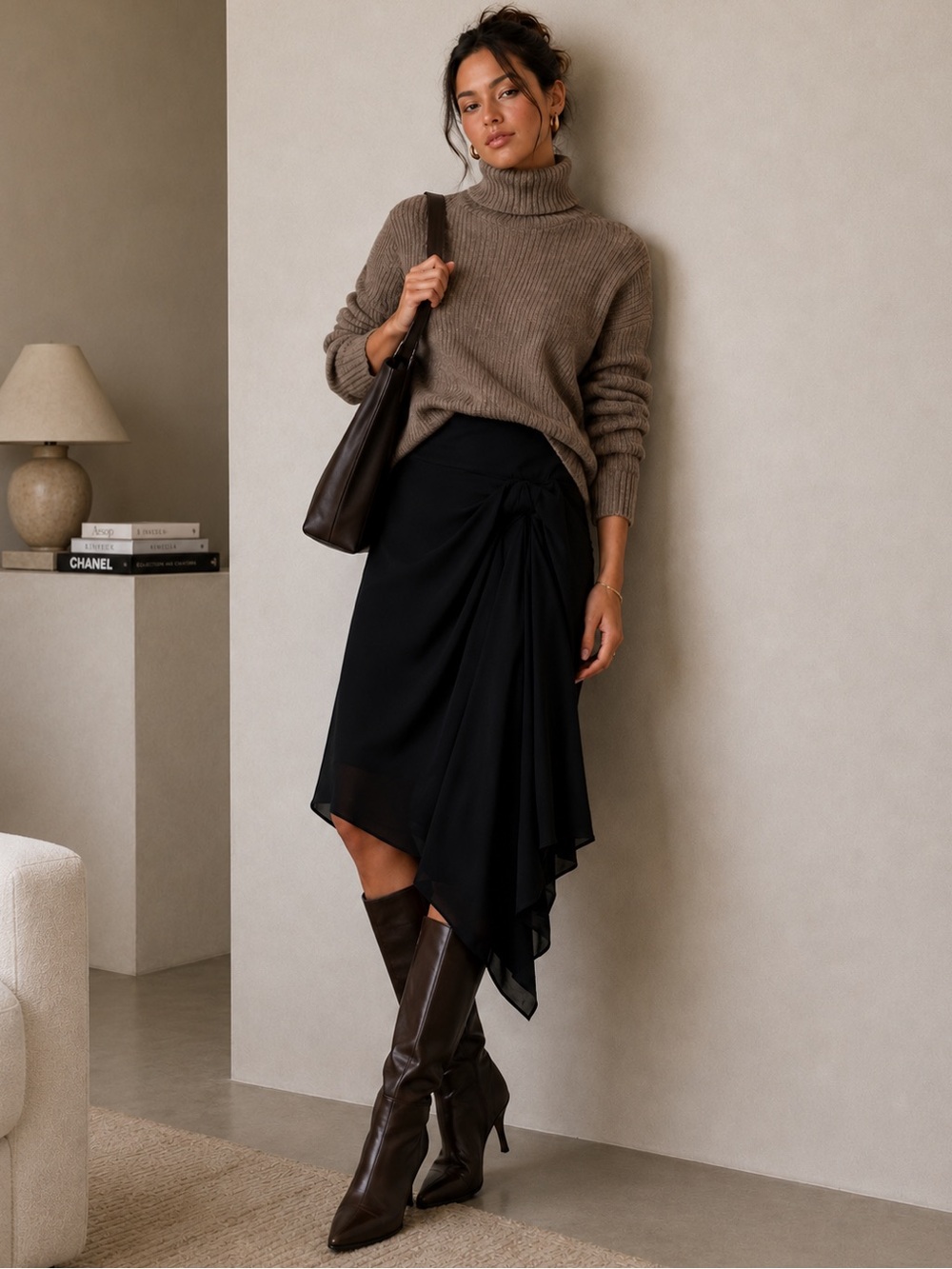 REISS Black Asymmetrical Draped Handkerchief Hem Skirt US 2